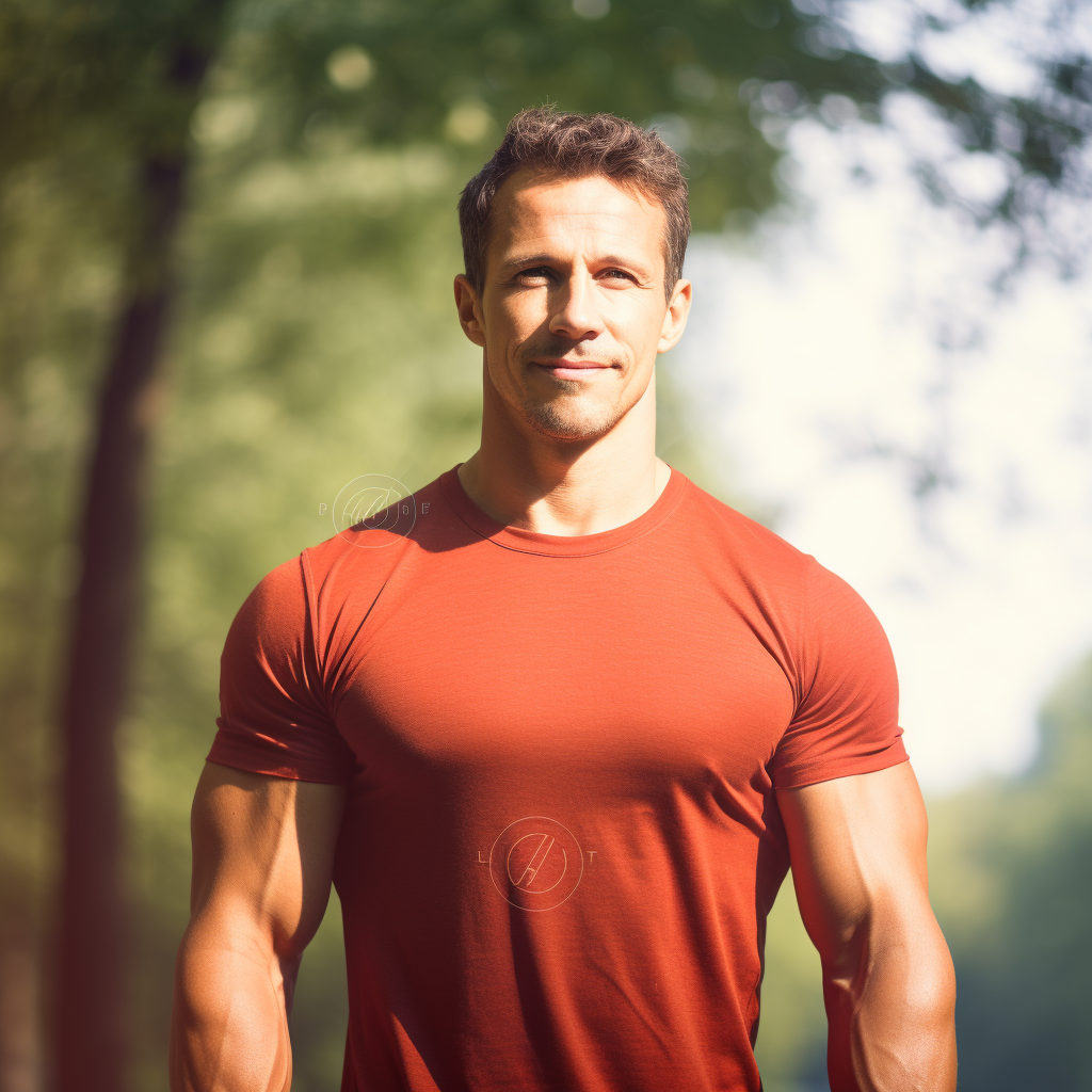 Strong man with gym body in natural setting