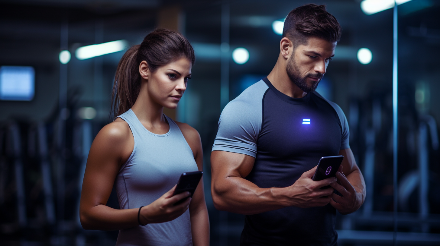 Athletes training at the gym with smartphones