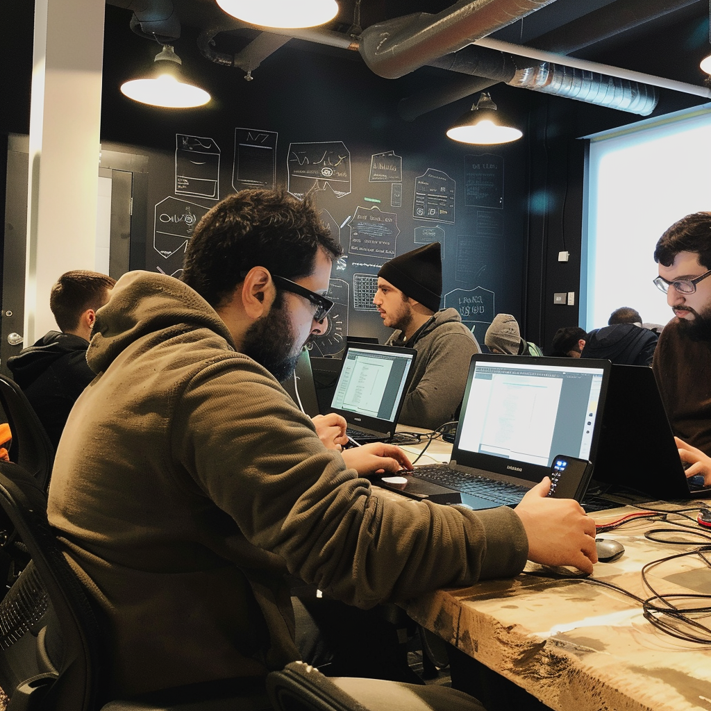 Hackathon participants coding together teamwork