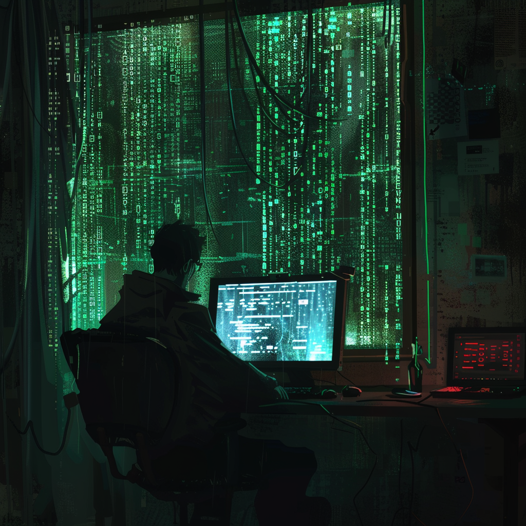 Hacker Working Computer Darknet Matrix