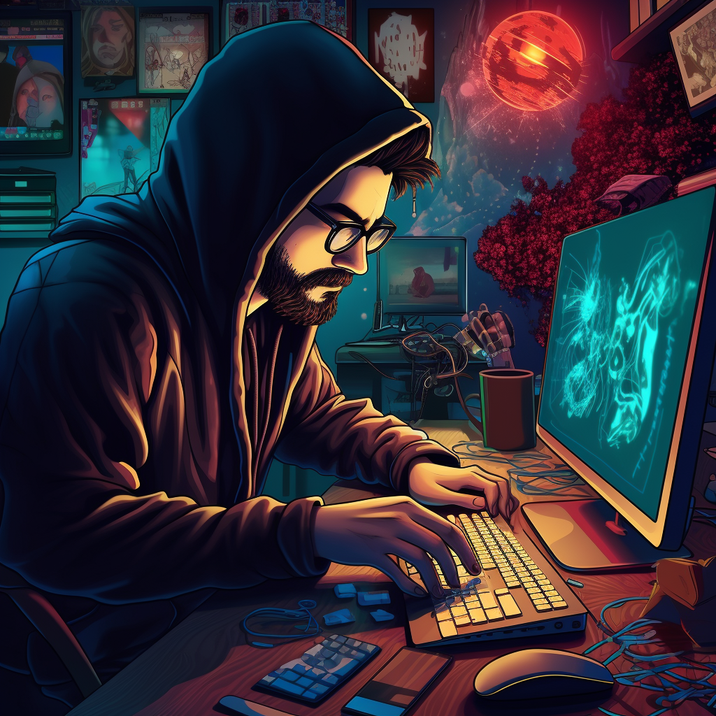 Cartoon illustration of a hacker using a computer