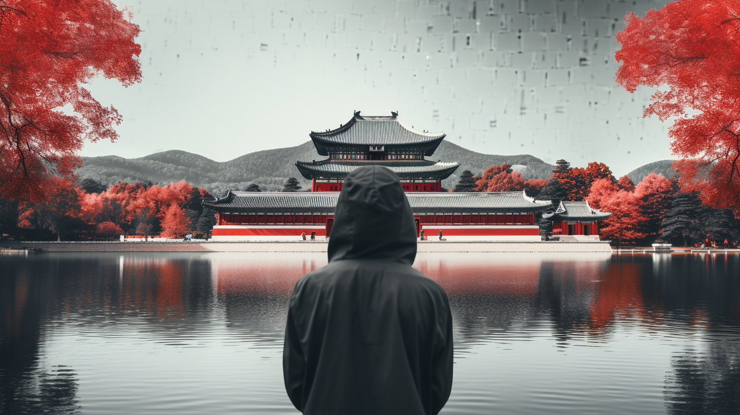 Hacker overlooking Gyeongbokgung Palace in Seoul