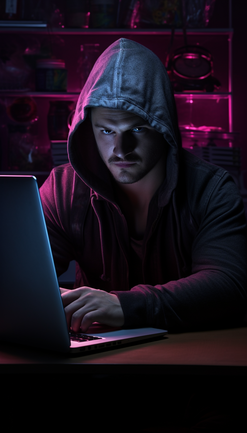 Hacker sitting at laptop with fuchsia light