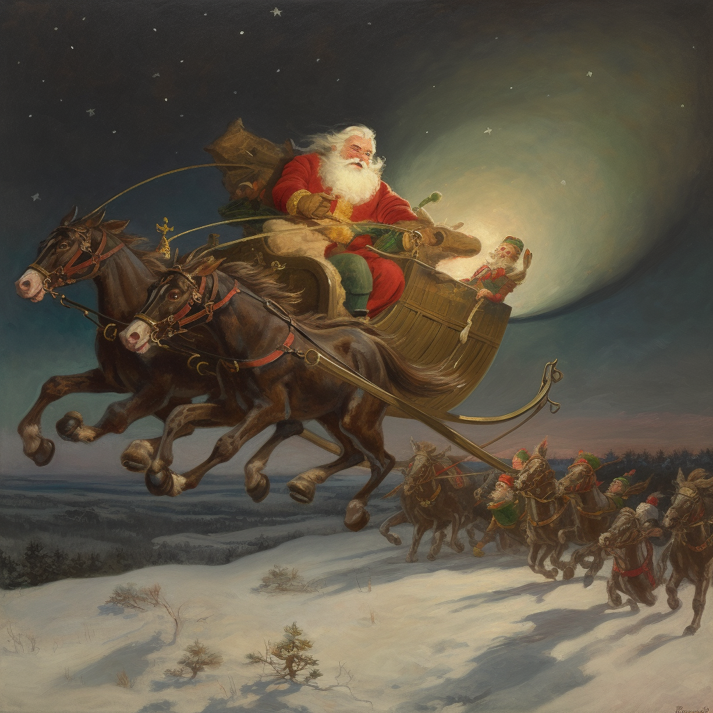 Santa Claus flying in sleigh