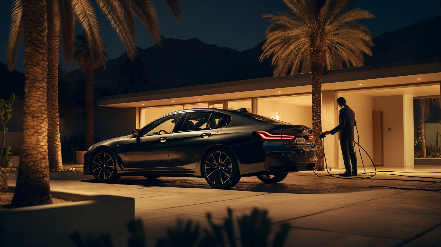 Hades plugging in his electric car in Palm Springs