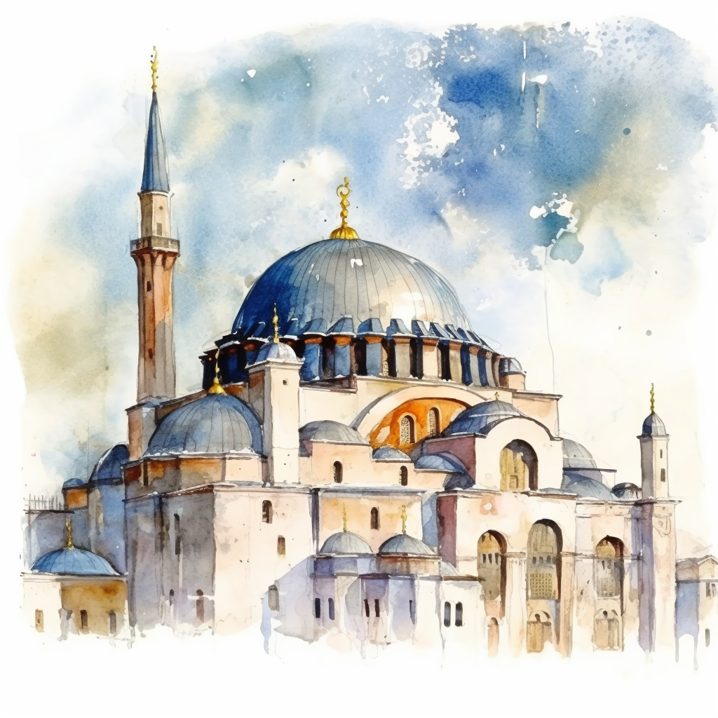 Watercolor painting of Hagia Sofia Church with dome and cross