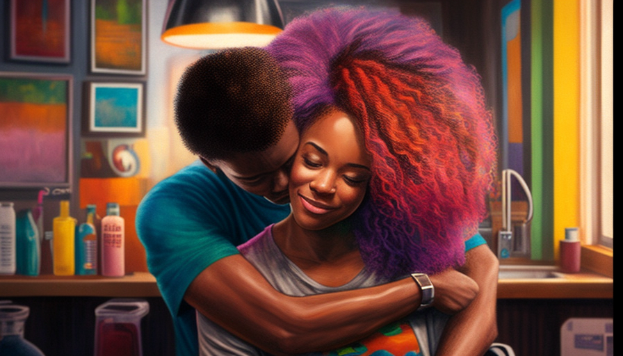 African American stylist hugging woman in vibrant hair salon