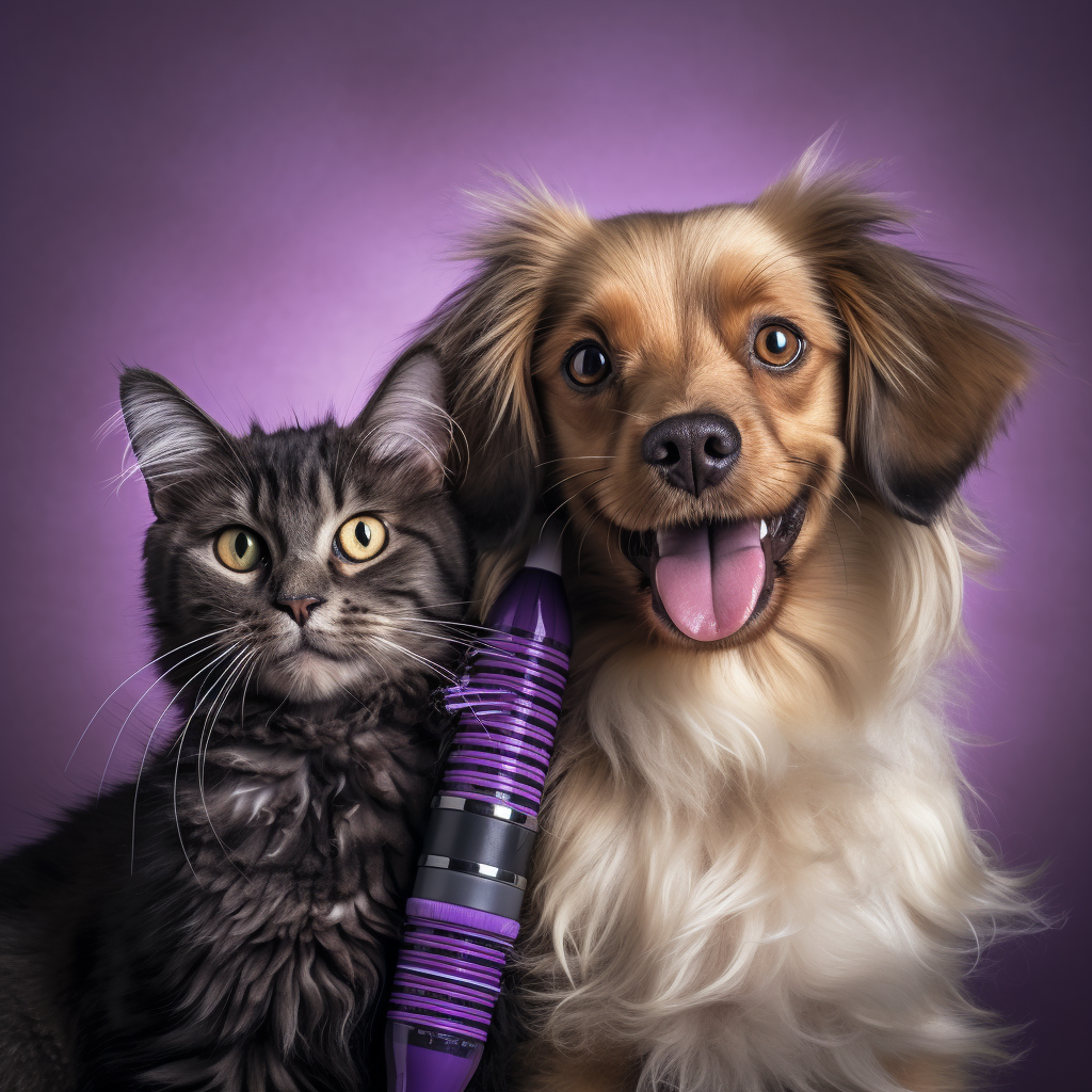 Cute hairy cat and dog posing with a lint roller