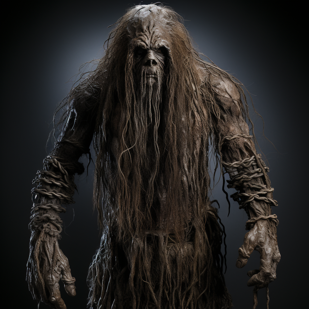 Realistic image of a hairy tall creature with chains on its wrists