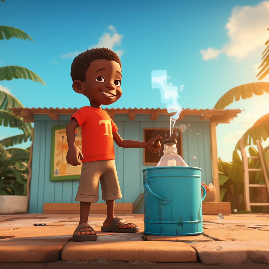 Haitian school kid filling cup of water