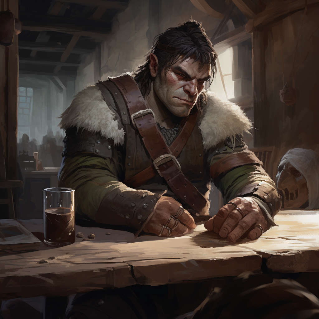 Grey Half-orc Barbarian in Tavern