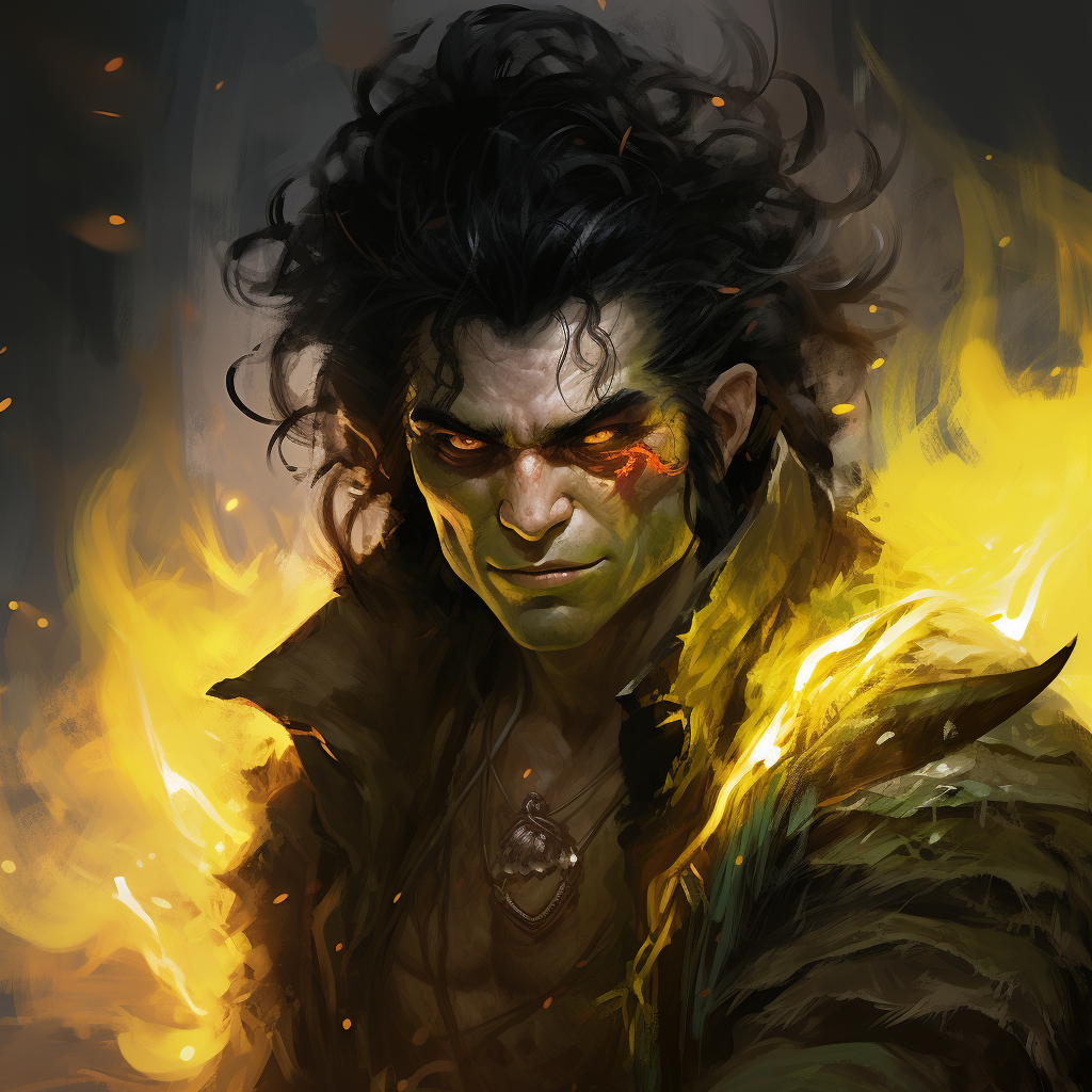 Half-Orc Man with Glowing Yellow Eyes and Divine Magic