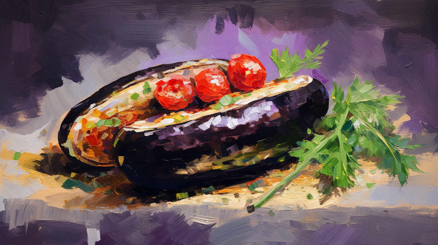 half stuffed eggplant with tomato slices