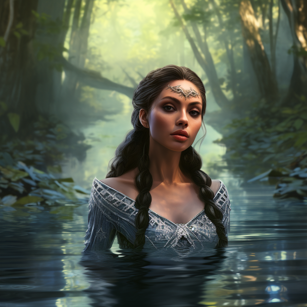 Beautiful half-elven woman in forest hot spring