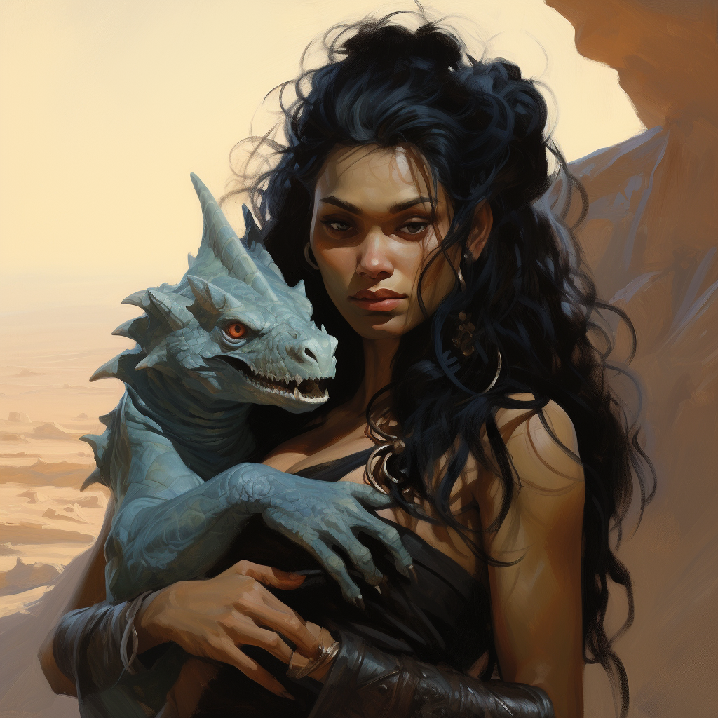 Image of a Half-Orc Woman with a Baby Dragon