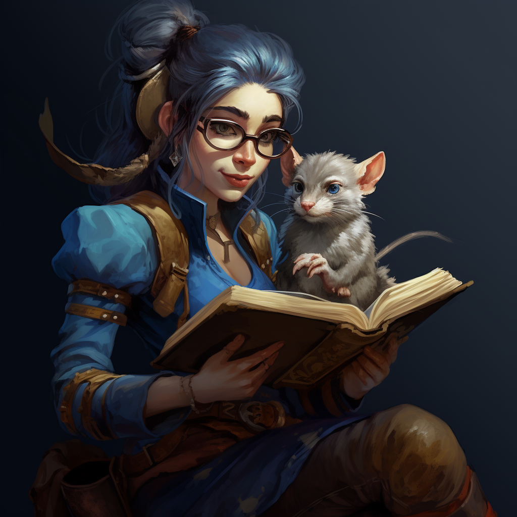 Halfling librarian with blue hair and ferret