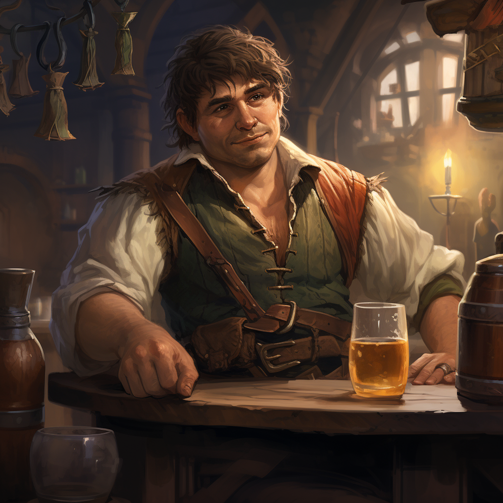 Halfling male bartender in a fantasy bar