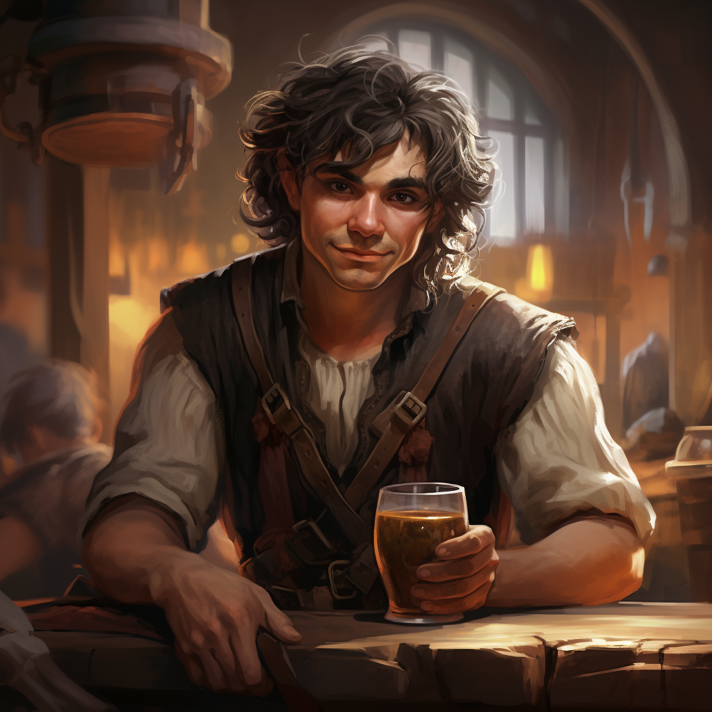 Halfling male hobbit bartender serving drinks