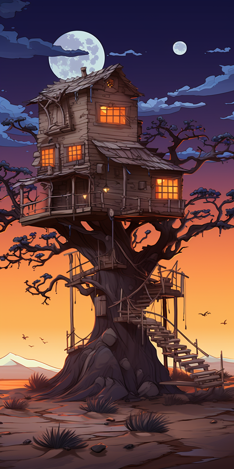 Halloween anime treehouse in desert