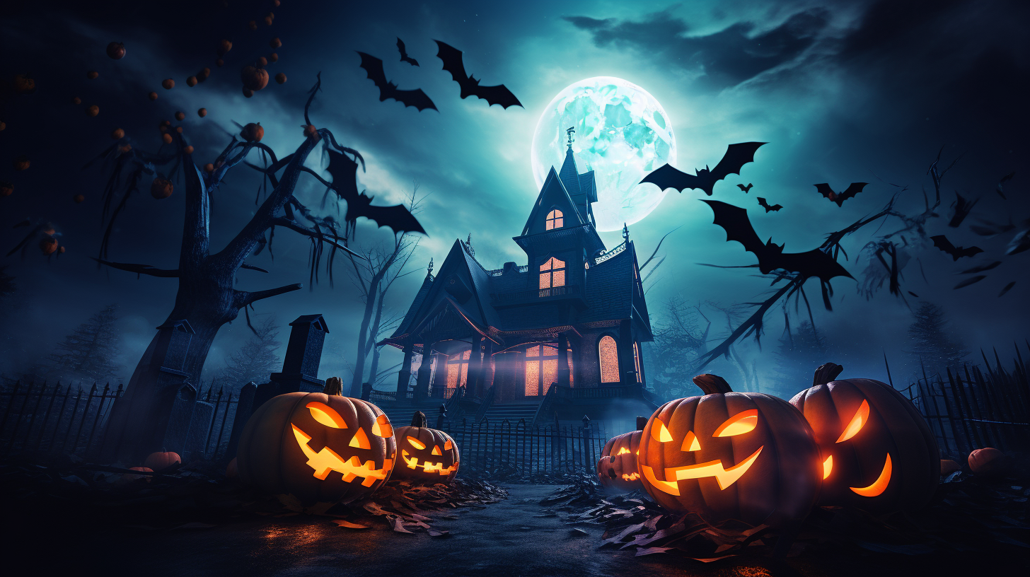 Halloween banner with bats, moon, haunted mansion and pumpkin