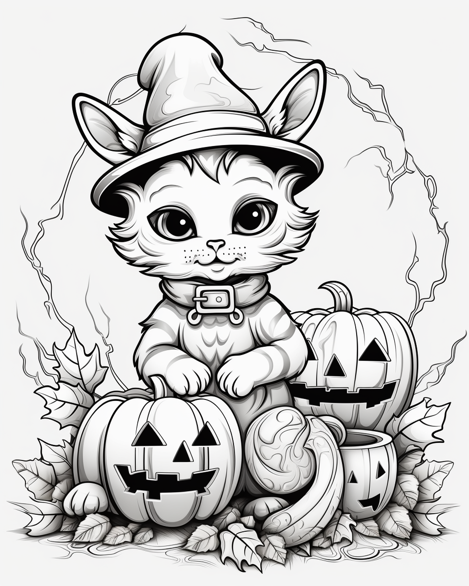 Black and white Halloween cat coloring page