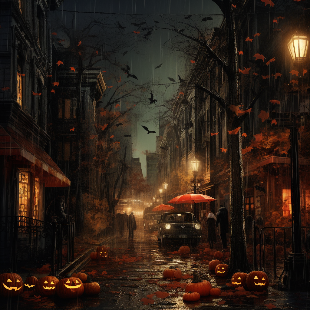 Halloween city celebration with costumes