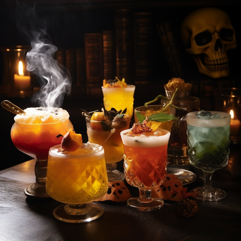 Assortment of Halloween cocktails on a table