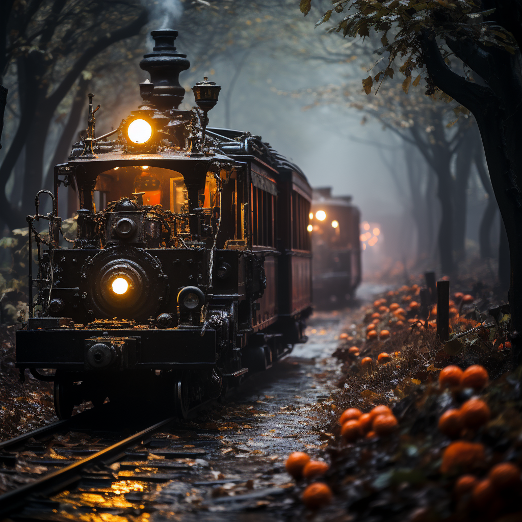 vibrant Halloween countryside train with decorations