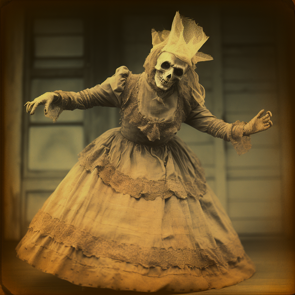 Woman dancing in Halloween mask and 19th century costume