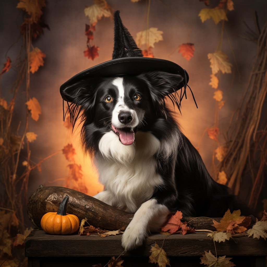 Border collie on Halloween broom decoration