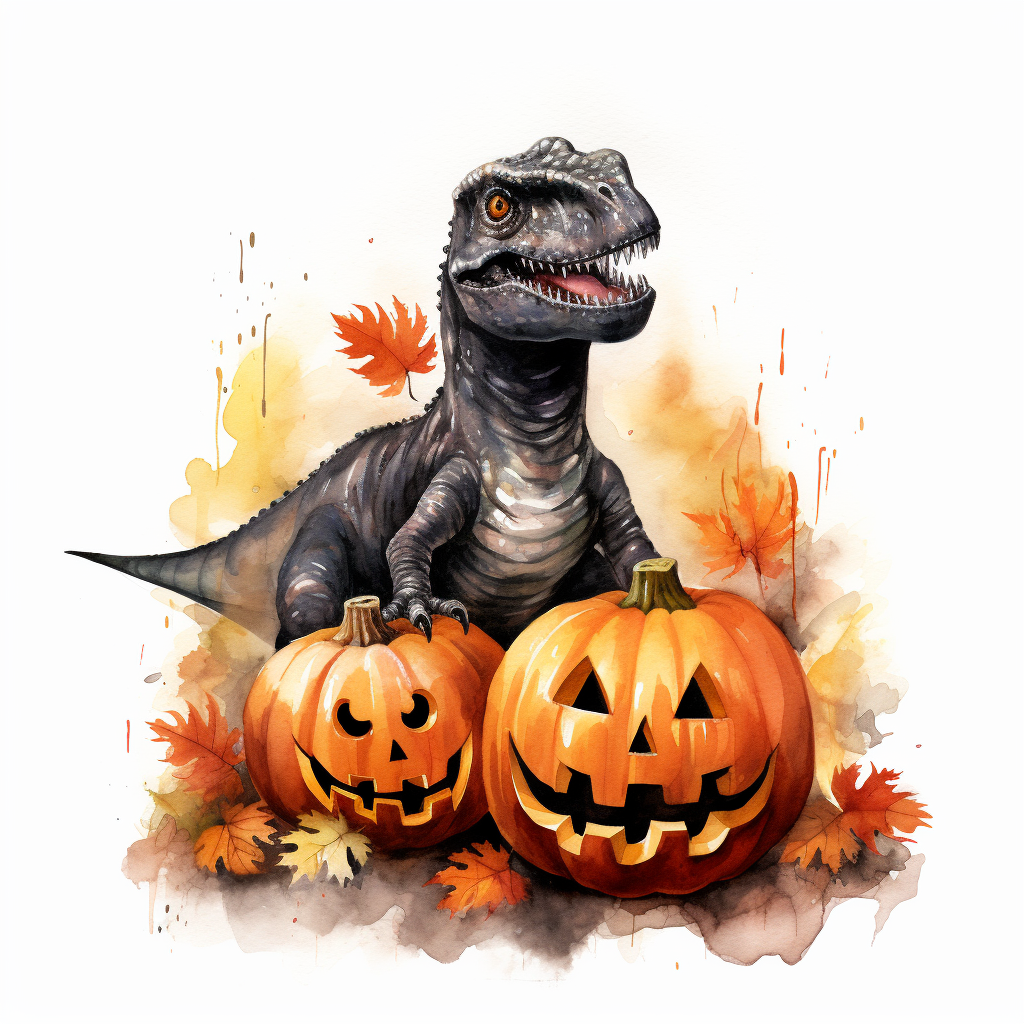 Halloween dinosaur among pumpkin patch