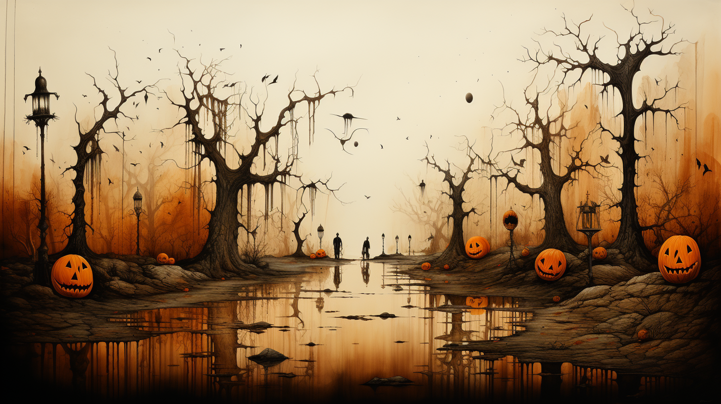 Spooky Halloween forest path with skeletal creatures