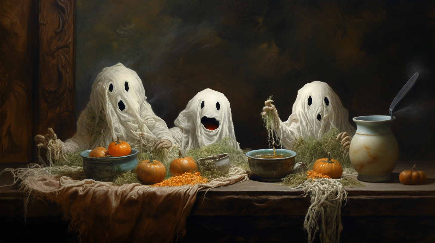 Halloween ghosts enjoying rice and beans feast