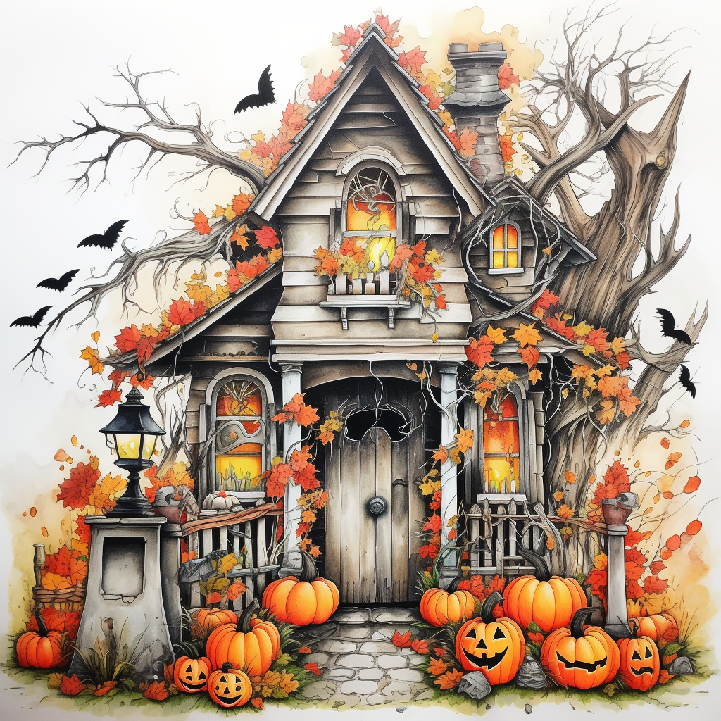 Colorful Halloween house coloring illustration