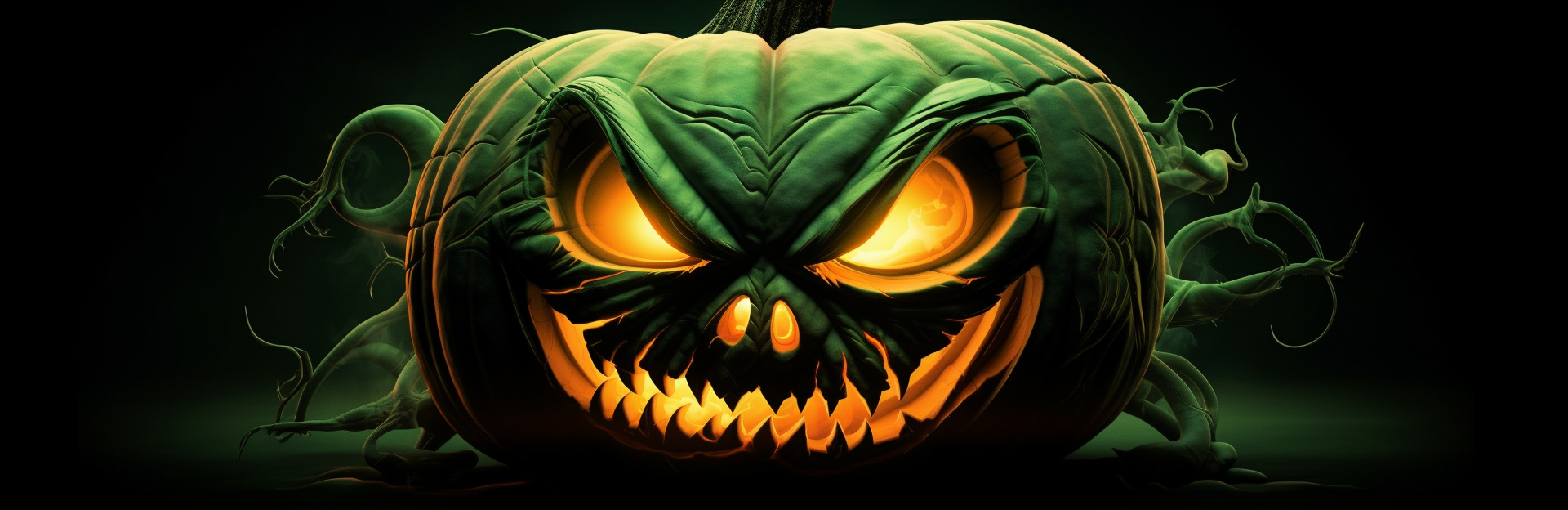 Dramatic Halloween Jack-o-Lantern with Green Glowing Eyes  (6 words)