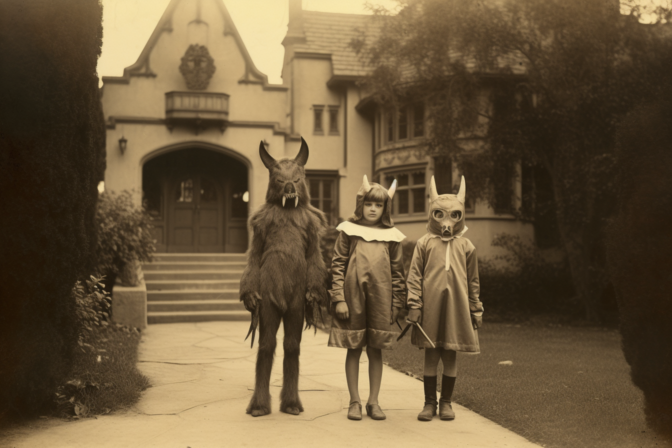 Two kids in Halloween costumes at fancy mansion