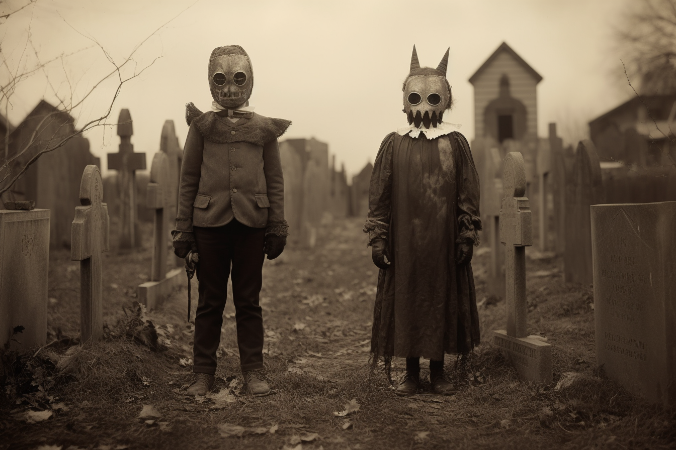 Two kids in Halloween costumes with masks