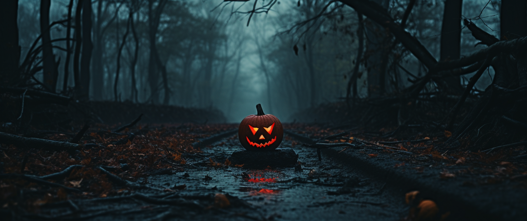 Halloween Pumpkin in Eerie Damp Forest