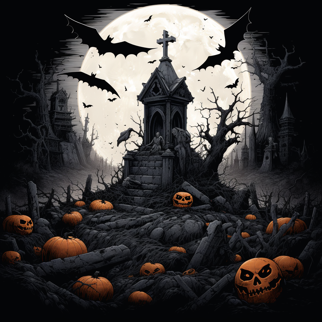 Spooky Halloween Pumpkin with Gravestone and Bats