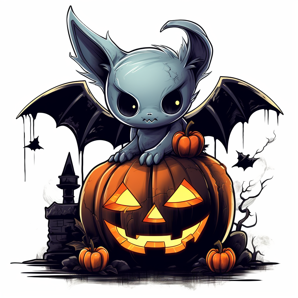 Cute bat on gravestone with pumpkin in the background