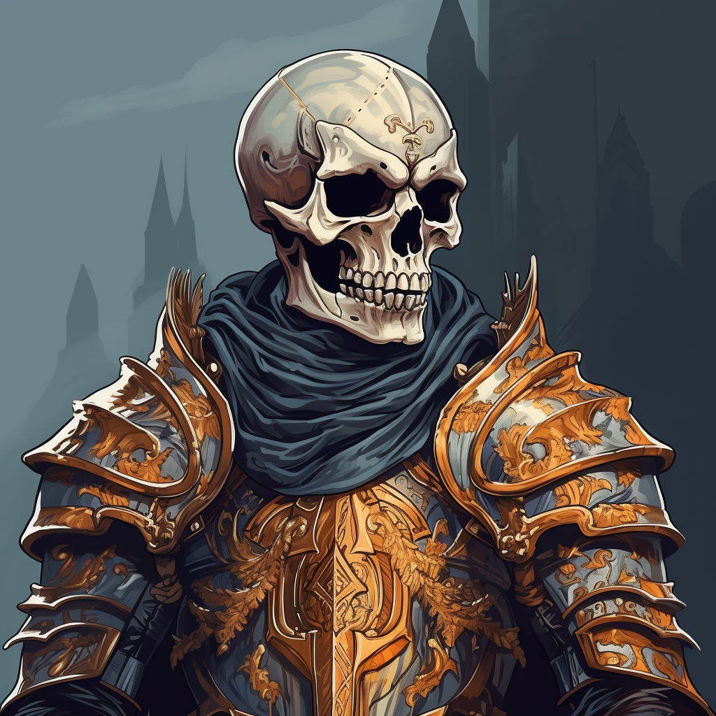 Halloween Skeleton in Medieval Knight Armor Stands Nobly