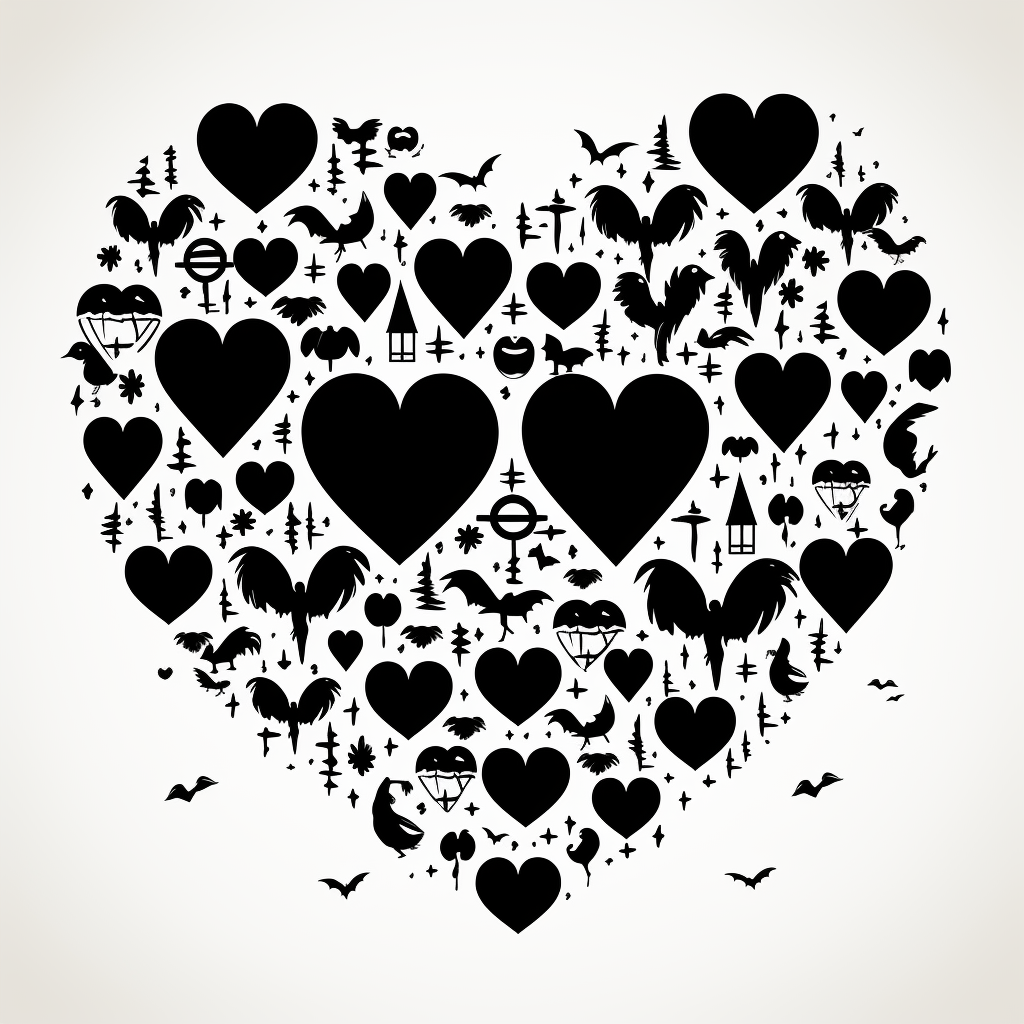 Black and white heart-shaped Halloween elements