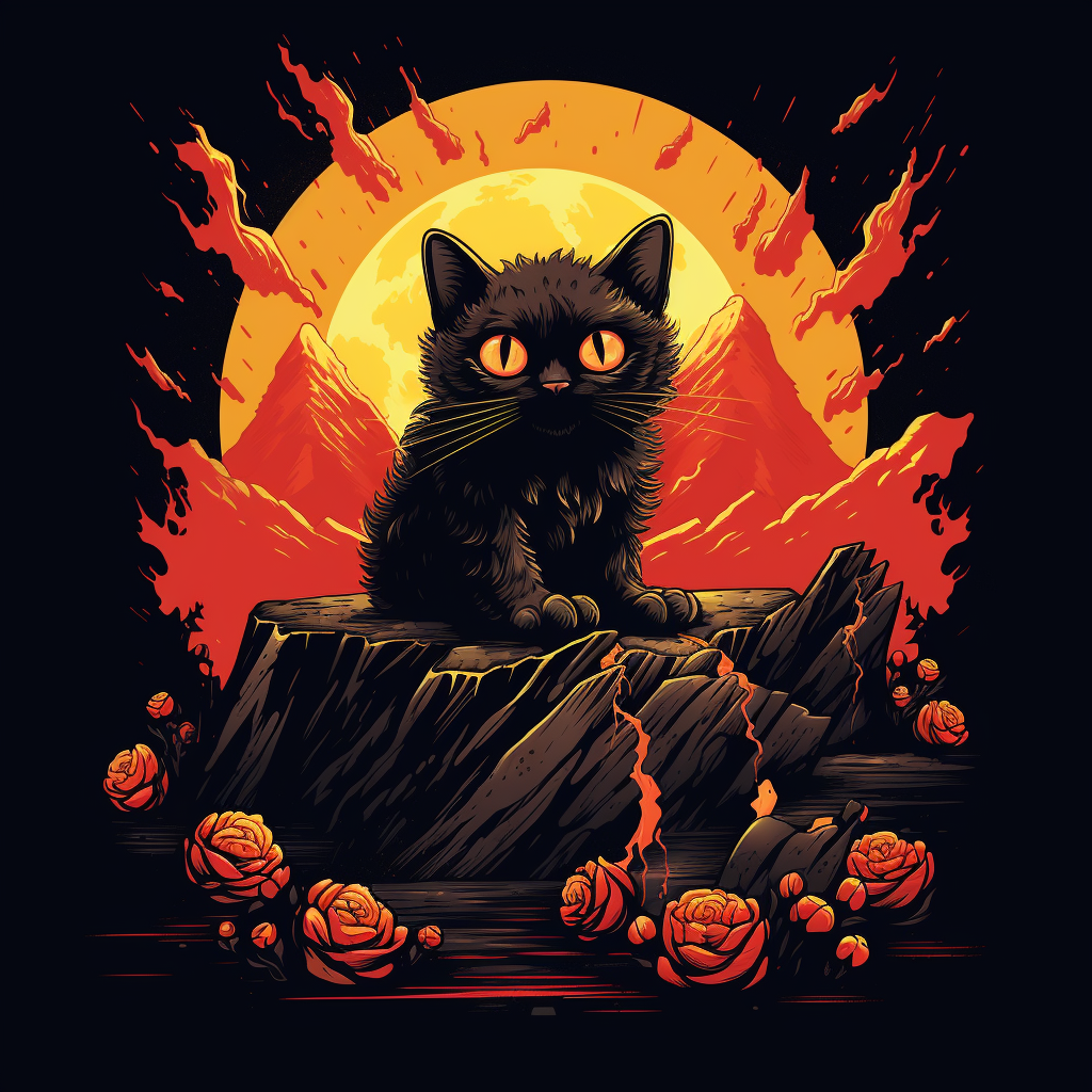 Playful Halloween-Themed Cat Smiling on a Volcano