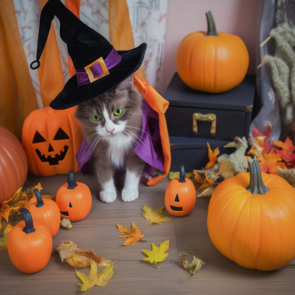 Small orange cat in witch costume