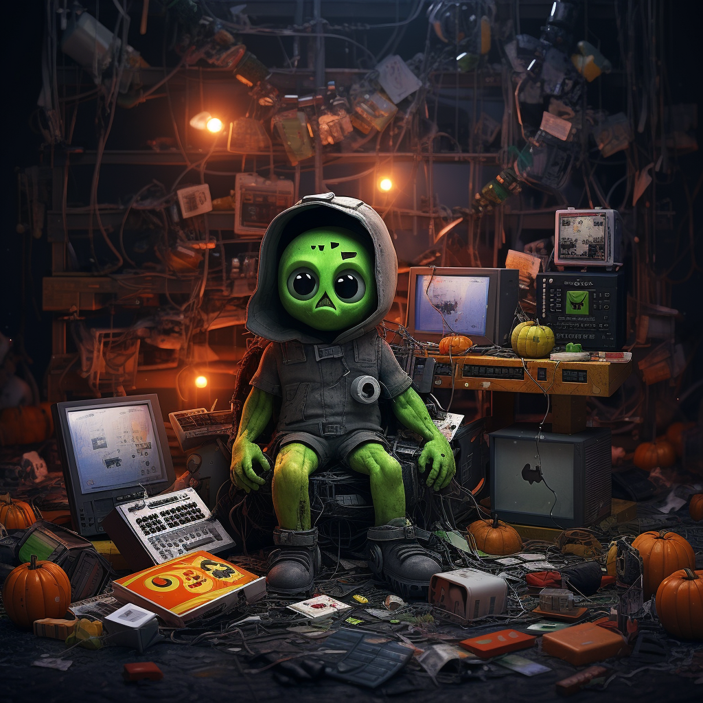 Cute Halloween elements with e-waste in focus