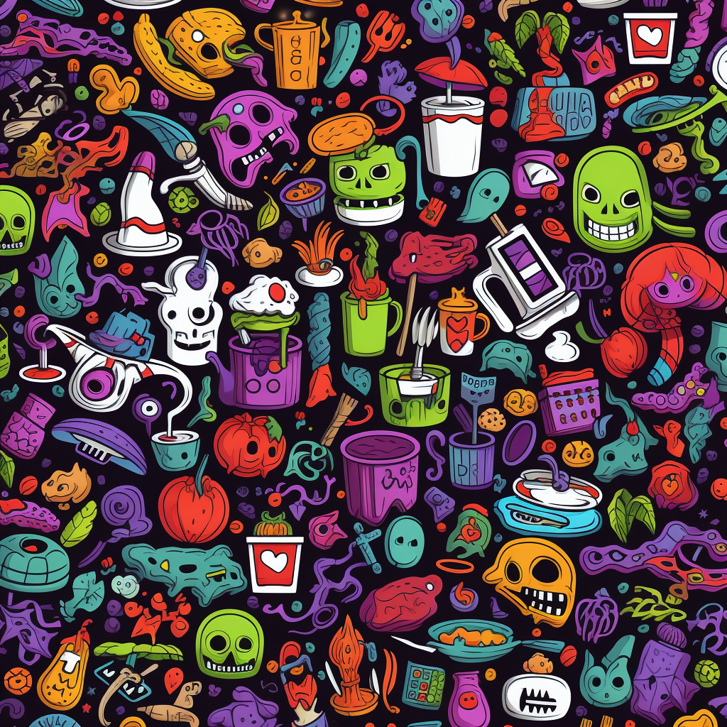 Halloween fabric pattern with colorful objects