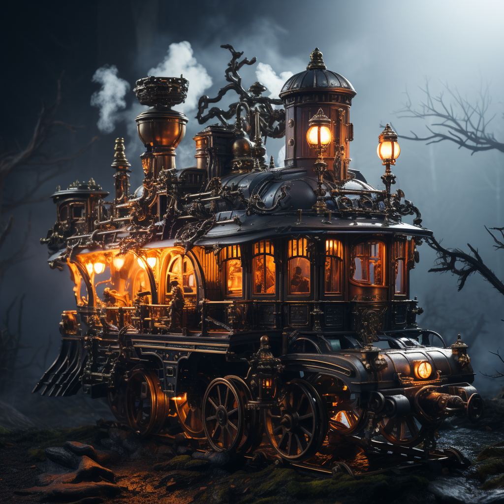 Eerie Halloween-themed steam engine in a foggy forest