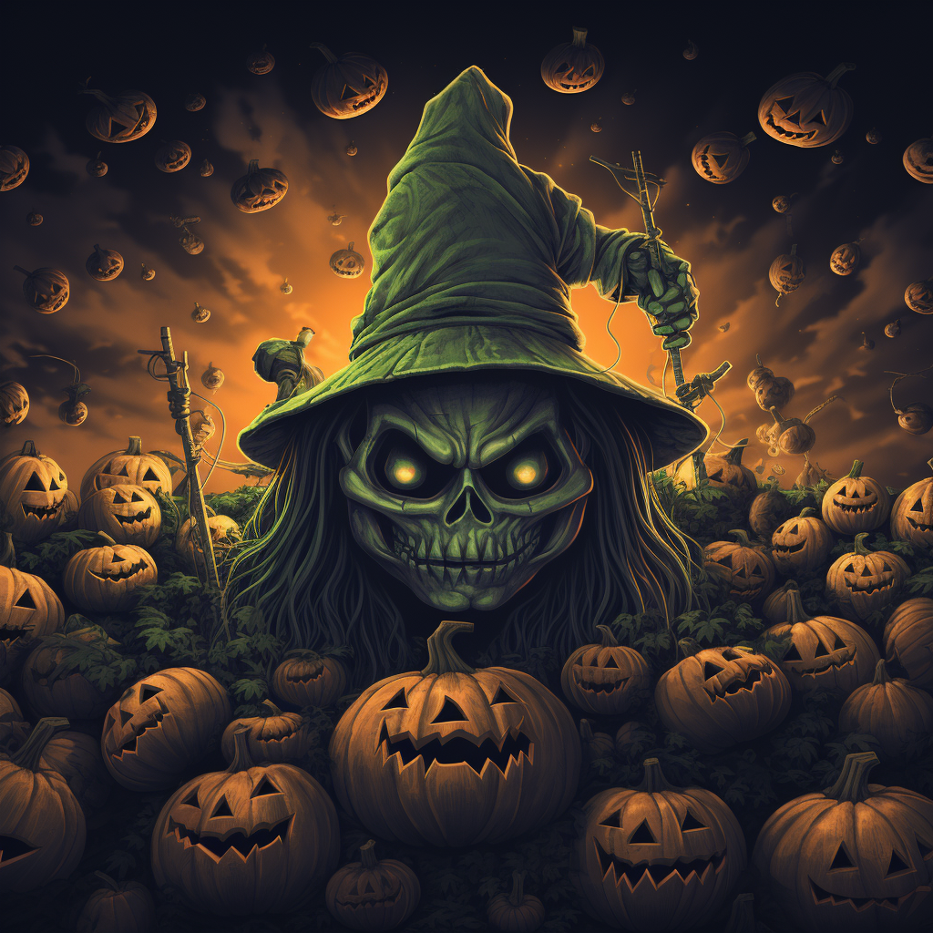 Halloween-themed illustrations with pumpkins and ghosts