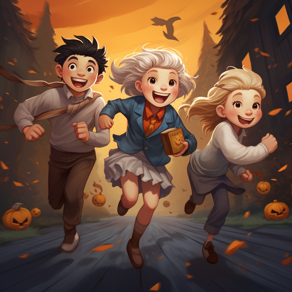 Three adorable Halloween kids running