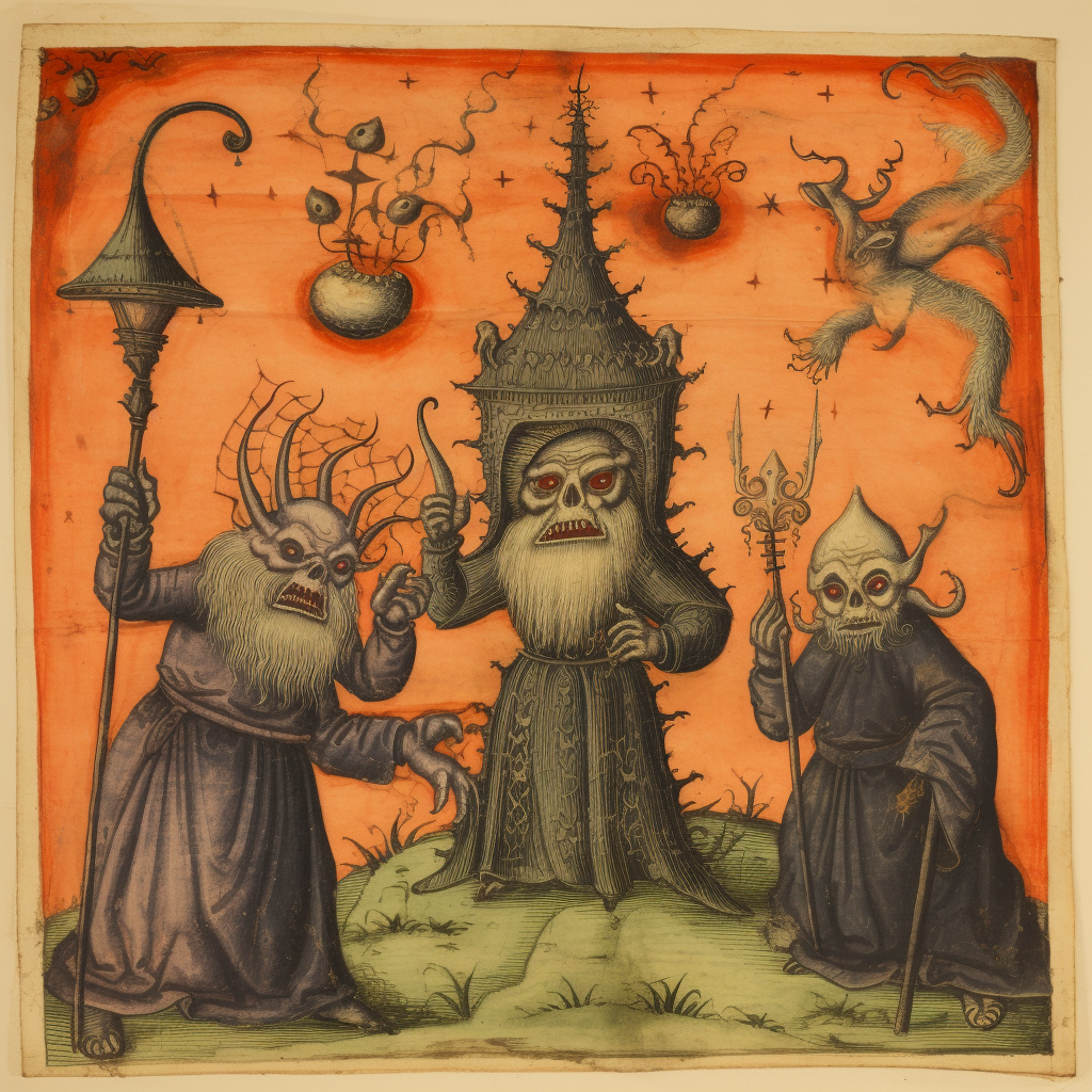 Halloween medieval demons and wizard in a manuscript